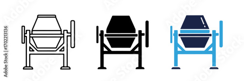 Concrete Mixer Icon Set in Outline, Solid Black, and Flat Blue Design Styles