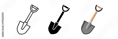 Diverse Shovel Icon Set: Outline, Solid Fill, and Colorful Flat Design on a White Background