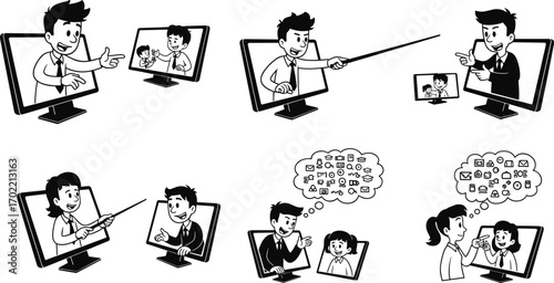 Cartoon online teaching illustration, virtual classroom concept, distance learning, video call education, e-learning communication, digital training, remote study vector