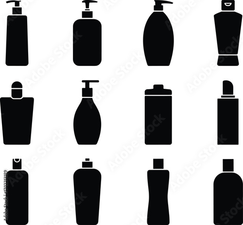 Cosmetic bottle vector set, shampoo container silhouette, lotion dispenser design, liquid soap packaging icon, cosmetic container illustration, personal care product graphic