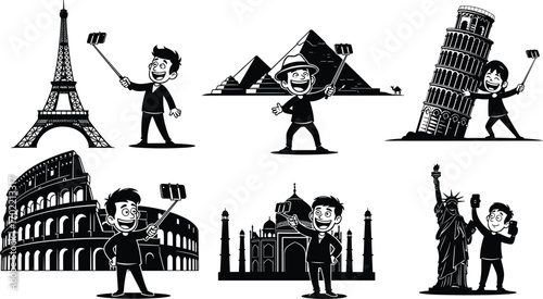 Cartoon, tourists, taking, selfies, world, landmarks, travel, adventure, famous, monuments, vacation, fun, culture, icons, tourism, happy, global, destinations, photography, sightseeing