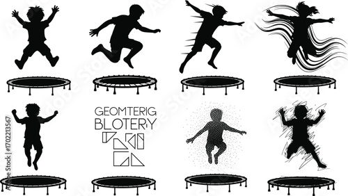 Children jumping on trampoline silhouette, active kids play illustration, outdoor fun vector, childhood activity design, exercise and fitness concept