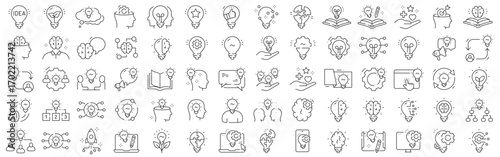 Clean outline idea icons showcasing lightbulb innovation, creativity, brainstorming, startup launch, teamwork, presentation, workflow, mobile app interfaces; editable stroke design