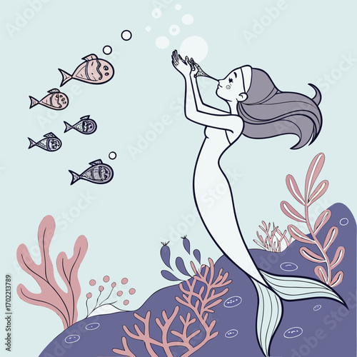 Whimsical mermaid blowing a cascade of heart shaped bubbles creating a magical and romantic underwater scene
