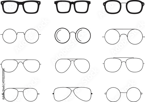Eyeglasses frames vector illustration collection with round, square, and aviator designs, fashion eyewear outline icons for optical accessories and vision correction