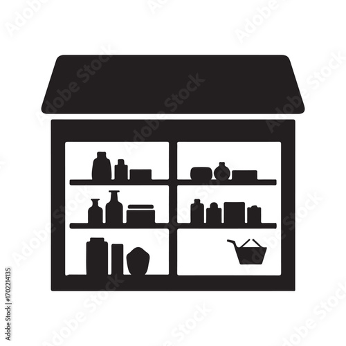 Flat Design Retail Store Icon with Shelves, Products, and Shopping Basket