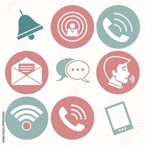 Vector art of collection of communication icons includes notification bell, podcast, phone call, email, speech bubble, talking person, wifi, and tablet icons