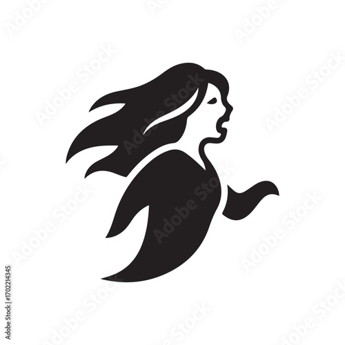 Dynamic Monochromatic Vector Silhouette of a Wailing Female Figure with Flowing Hair