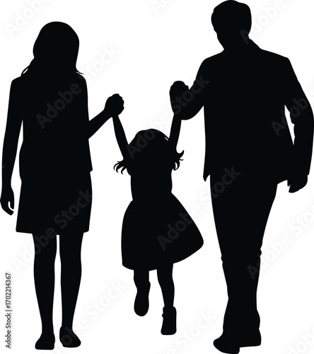 Family walking together silhouette vector, parents holding child hands, father mother daughter illustration, black and white design, family bond, unity, love, happiness concept
