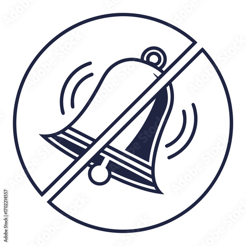 Illustration of a ringing bell with a line through it, symbolizing silence or a nonoise zone, the design is clean and minimalist, ideal for signs