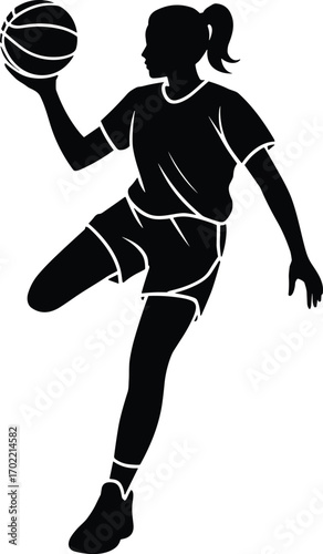 Female basketball player silhouette, woman athlete holding ball, sports training action, basketball exercise illustration, fitness vector, competitive game movement, black design artwork