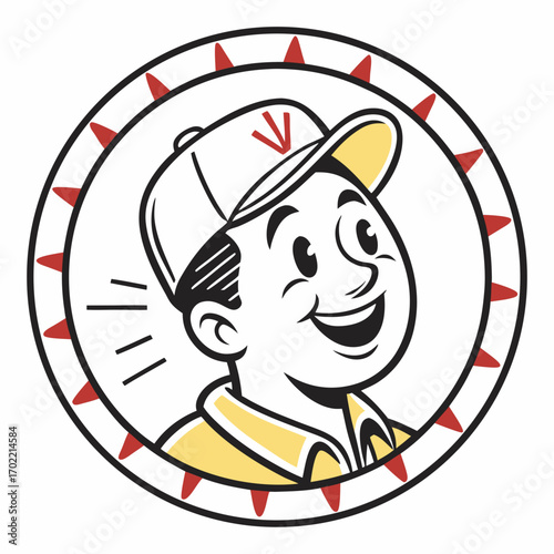 Vector art of a cheerful vintage cartoon of a delivery man wearing a cap with a v on it, set against an, radiating a sense of friendly and reliable service