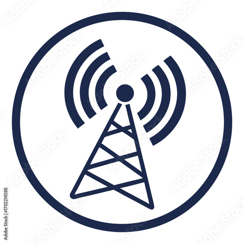 Vector art of a simple, clean illustration of a radio tower emitting waves, , representing wireless communication, broadcasting, and technological infrastructure