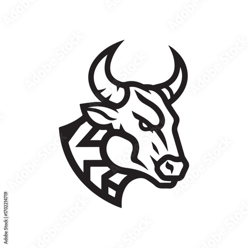 Bold Stylized Bull Head Illustration with Geometric Accents in Black and White