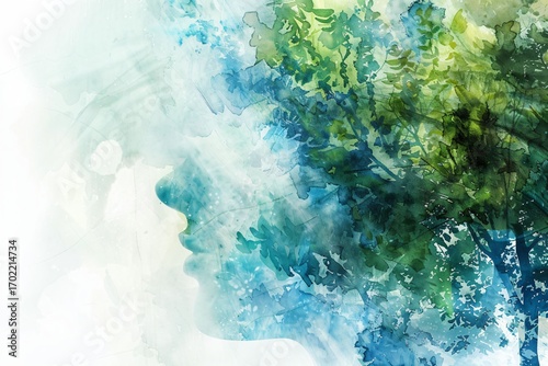 Nature, arbre et verdure, illustration style aquarelle en bleu et vert. 