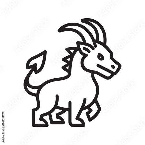 Bold Line Art Icon of a Stylized Mythical Horned Creature with Spikes and a Devil Tail on a White Background