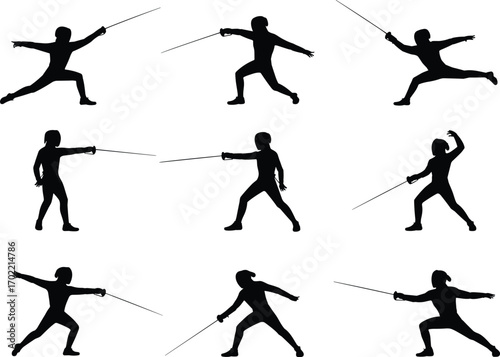 Fencing athlete silhouettes, sword fighting poses, sport action movement, dueling vector illustration, fencer training design, martial arts combat artwork, black isolated competition sports graphic