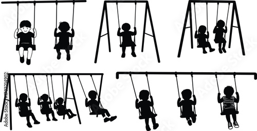 Children playing on swing set, kids enjoying outdoor playground activity, black silhouette vector illustration, childhood fun, recreation, leisure, happiness, joy