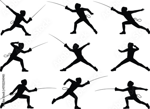 Fencing silhouettes vector, athlete sword fighting poses, fencing sport illustration, sword duel movement, martial art combat design, Olympic fencing, action training exercise