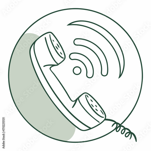 Illustration of a vintage telephone handset with sound waves emanating from it, the handset is depicted in a minimalist style with clean lines