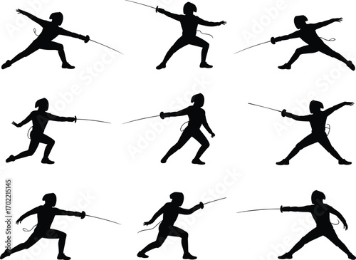 Fencing silhouettes, sword fighting athletes in action, combat sport illustration, fencing stances and moves, duel training poses, martial arts with swords, vector design