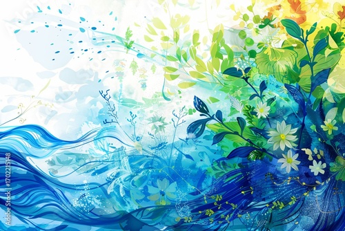 Nature, arbre et verdure, illustration style aquarelle en bleu et vert. 