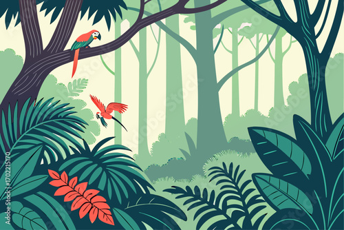 Vibrant tropical rainforest scene with lush vegetation and exotic plants