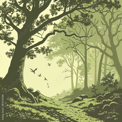 Serene forest scene with sunlight filtering through the canopy creating dappled light and shadow patterns on the forest floor evoking a sense of peace and natural beauty