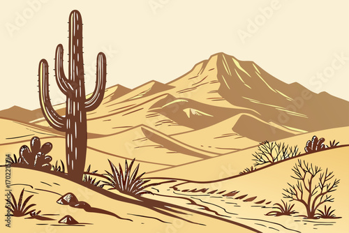 Desert landscape with cactus and sand dunes vector art