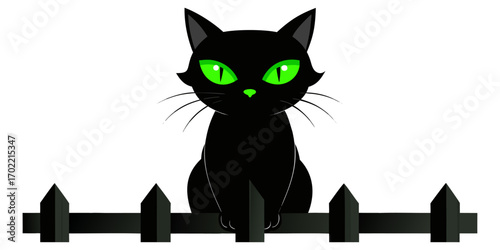 A black cat with glowing green eyes sitting on a fence.