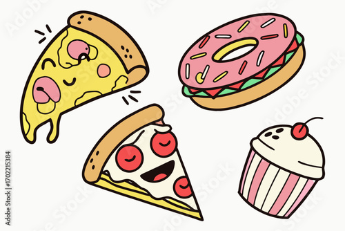 Bright and playful cartoon style food icons set