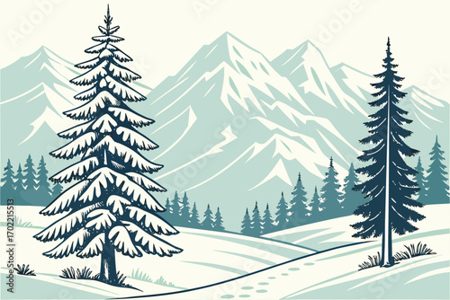 Snowy winter landscape with majestic mountains and clear sky