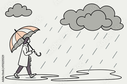 Vector illustration of rainy weather with umbrella and clouds