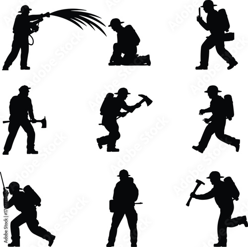Firefighter silhouettes vector illustration, fireman with axe hose equipment, emergency rescue workers, fire safety icons, firefighter poses black silhouette isolated on white background design