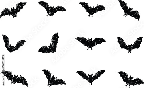 Flying bats silhouettes collection for Halloween design, spooky night creatures vector illustration, dark gothic wildlife decoration, horror symbol for scary themes