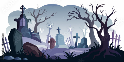 A spooky graveyard with fog and crooked tombstones.