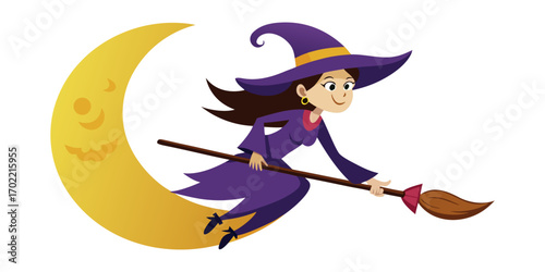 A witch flying across the moon on her broomstick.
