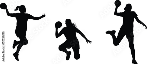 Handball players silhouette vector illustration, women throwing ball, sport action pose, team competition artwork, athletic movement design, professional handball game, vector sports illustration