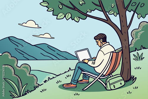 Digital nomad working on a laptop in a vibrant scene