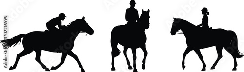 Horse riding silhouettes, jockey on racing horse, equestrian rider illustration, horseback riding vector, horse racing, animal sport design, training, competition graphic elements