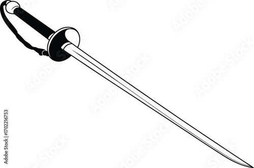 Katana sword vector illustration, traditional Japanese samurai weapon design, sharp blade silhouette, martial arts combat symbol, ancient warrior fighting tool, black outline artwork