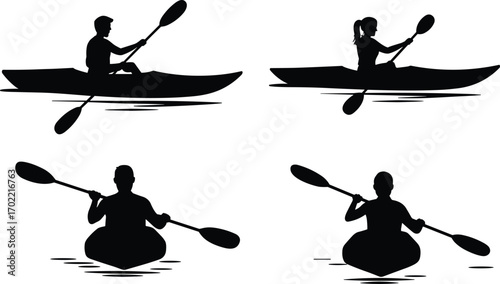 Kayak silhouette vector illustration set, people kayaking design, water sport icons, paddling activity graphic, adventure element, canoeing symbol, outdoor recreation vector collection