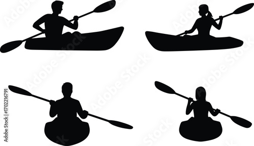 Kayak silhouette illustration, man and woman paddling, canoe sport vector design, kayaking adventure symbol, outdoor water activity graphic, black white kayak drawing, rowing