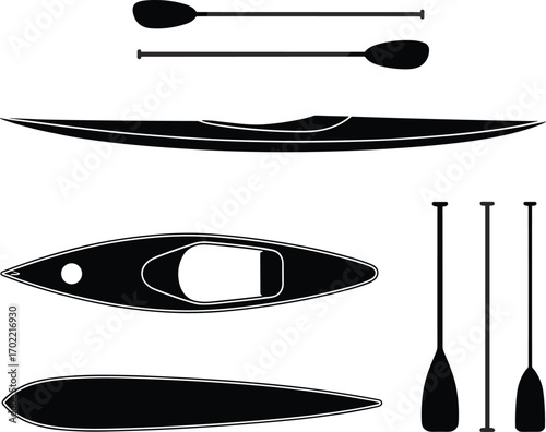 Kayak vector illustration, canoe silhouette, paddles icon, water sports equipment, black kayak symbol, outdoor adventure design, boating clipart, kayaking and canoeing vector elements