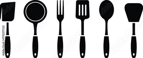 Kitchen utensils silhouette set, cooking tools vector, black cutlery icons, spoon fork spatula design, restaurant equipment illustration, culinary tools art for decoration