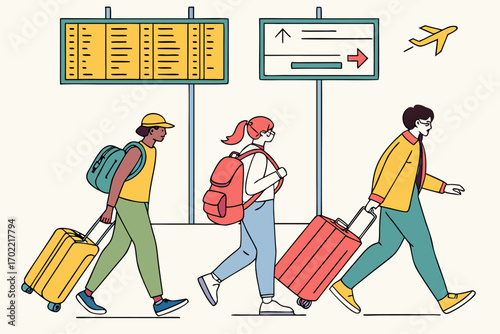 Diverse group of people traveling with luggage and suitcases