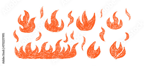 Set of fire flames doodle collection. Hand drawn crayon, pastel and chalk texture fire icons, sketch style grunge elements. Red vector illustration isolated on white background