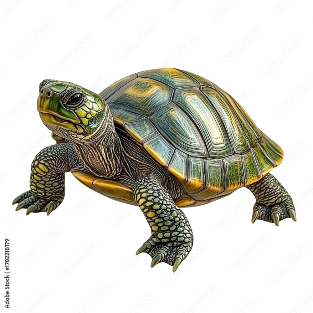 Obraz premium Detailed turtle with a green and yellow shell showcasing its textured skin and intricate patterns against a perfect for nature enthusiasts and wildlife projects on transparent background
