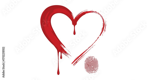 Vector art of a red heart shape drawn with a brush stroke and dripping paint, with a fingerprint