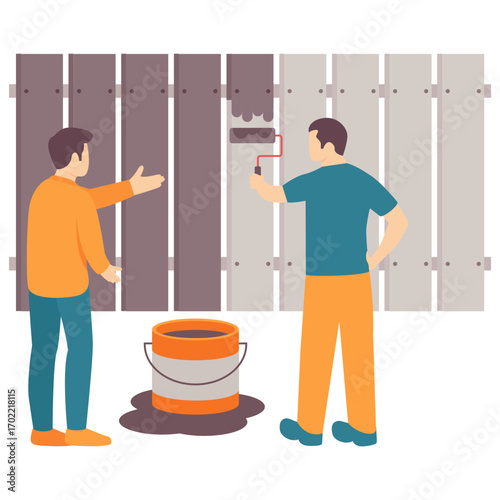Painter Painting Wooden Panels Together concept, Upgrading Surfaces with New Coat vector design, carpenters banner, Applying Protective Coating to fence scene, tradesperson and craftsmen illustration